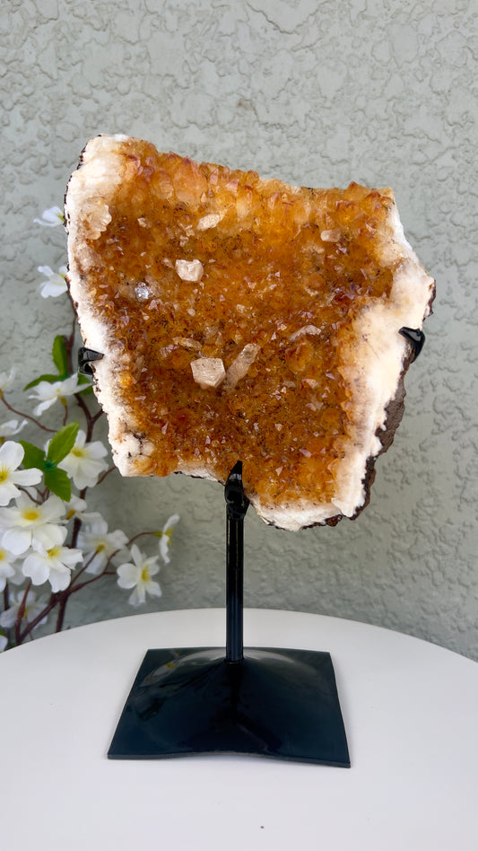 Natural Citrine with Calcite on Stand - A00010